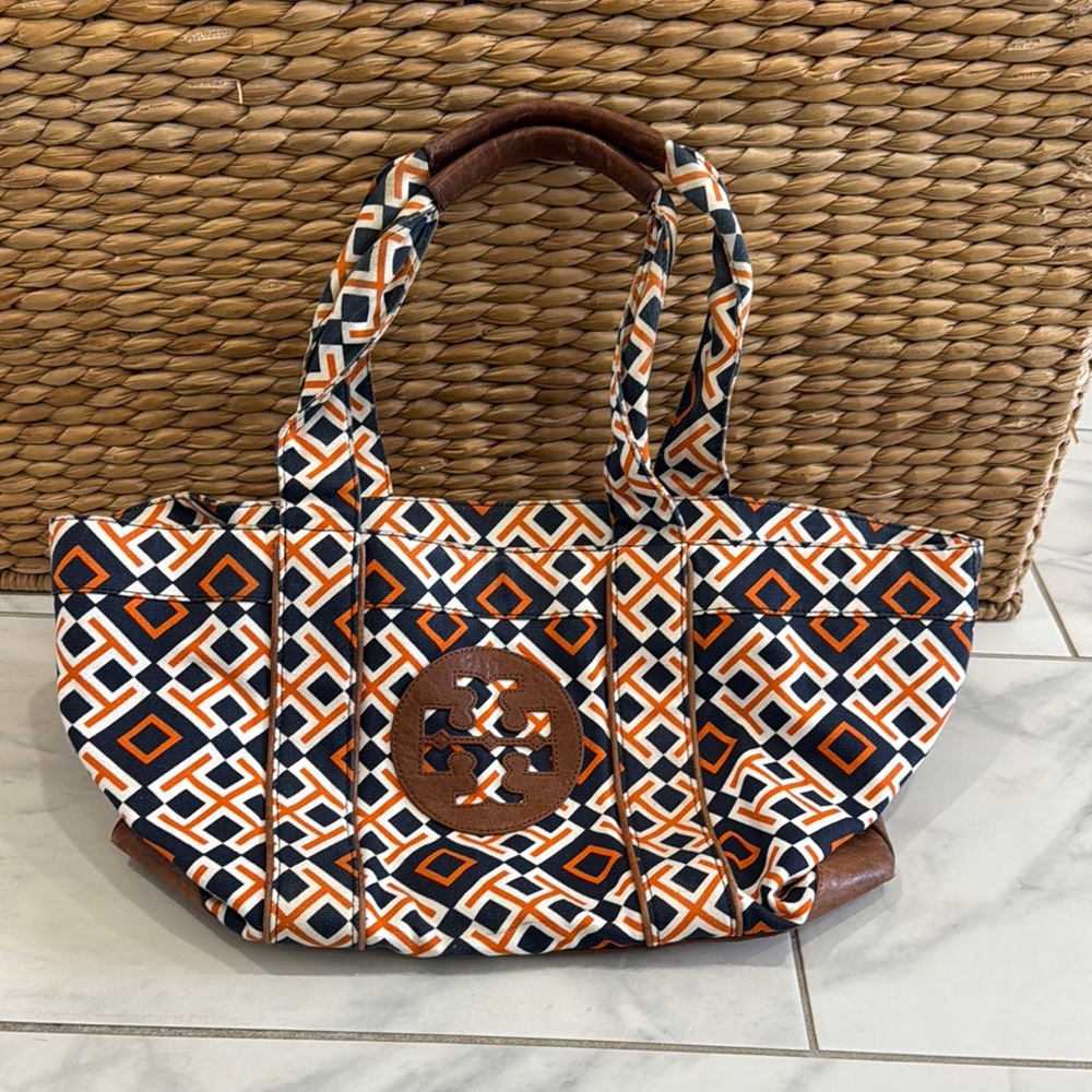 Tory Burch Canvas & Leather Geometric Patterned Tote Bag - Orange, Blue, Brown